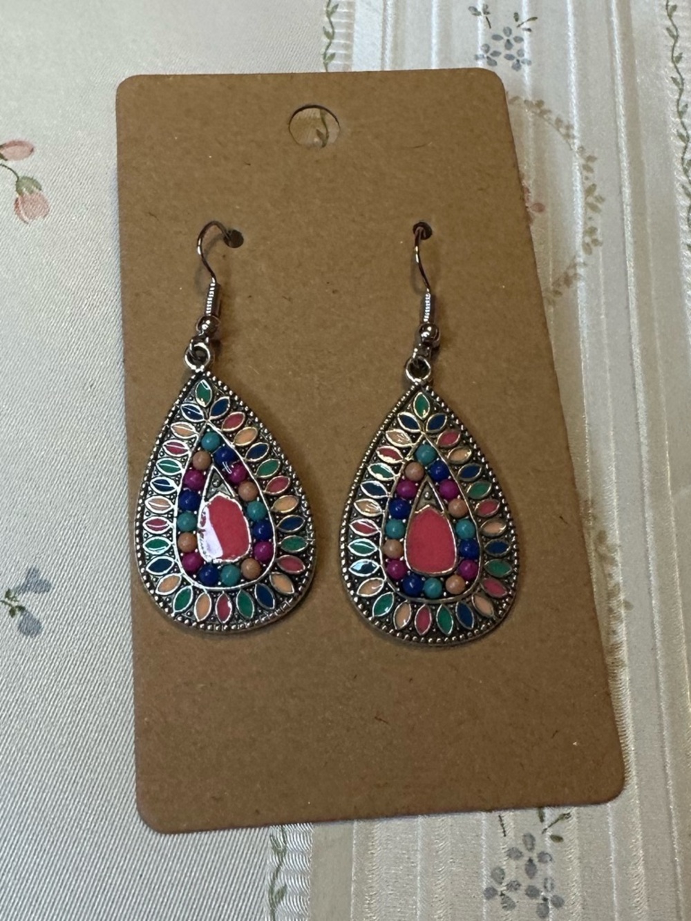 Bohemian Pink Teardrop Dangle Earrings with Multicolor Accents